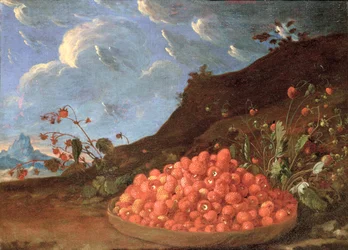 Stilleben med en korg med vilda jordgubbar